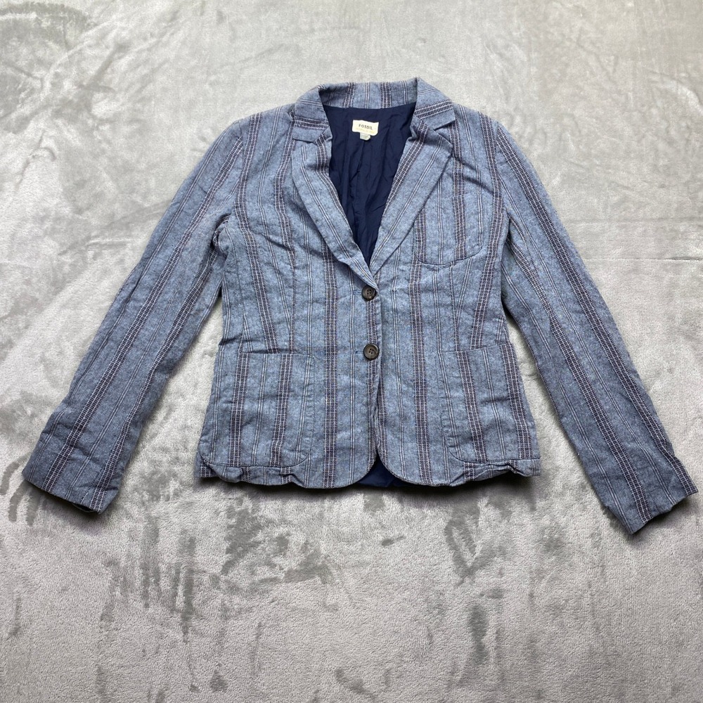 Fossil 50% Modern 50% VTG Womens Blue Striped Blazer Jacket 4 Notch Lapel Pocket